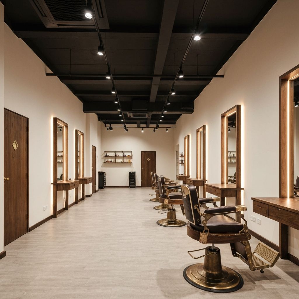 Professional barbershop interior with modern styling stations